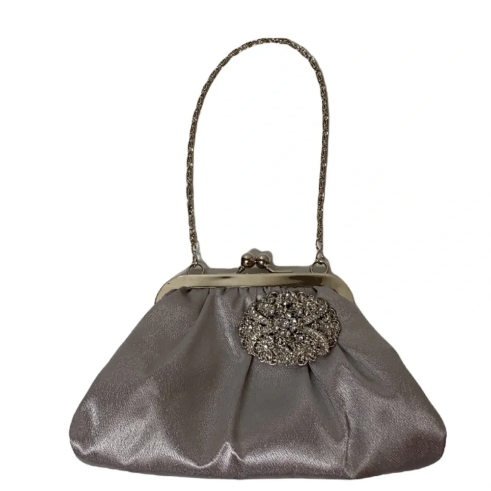 Vintage Purse Silver Rhinestone Jewel Embellished Button Silver Chain Handle Y2K